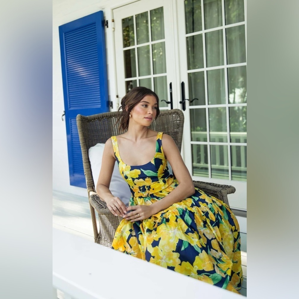 Hutch Anthropologie Alice Yellow Floral Midi Fit & Flare Cocktail Dress Womens 4 - Picture 2 of 12
